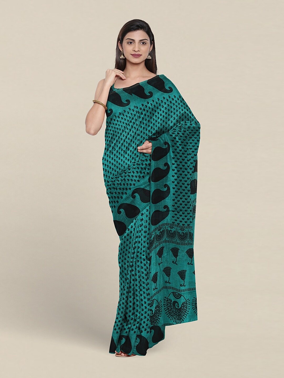 

Pothys Paisley Ethnic Motifs Printed Pure Cotton Saree, Green