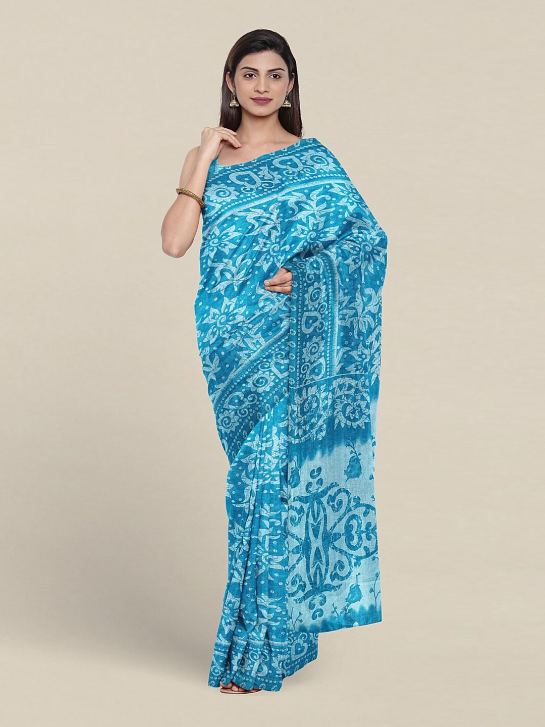 

Pothys Batik Printed Pure Cotton Saree With Blouse Piece, Blue