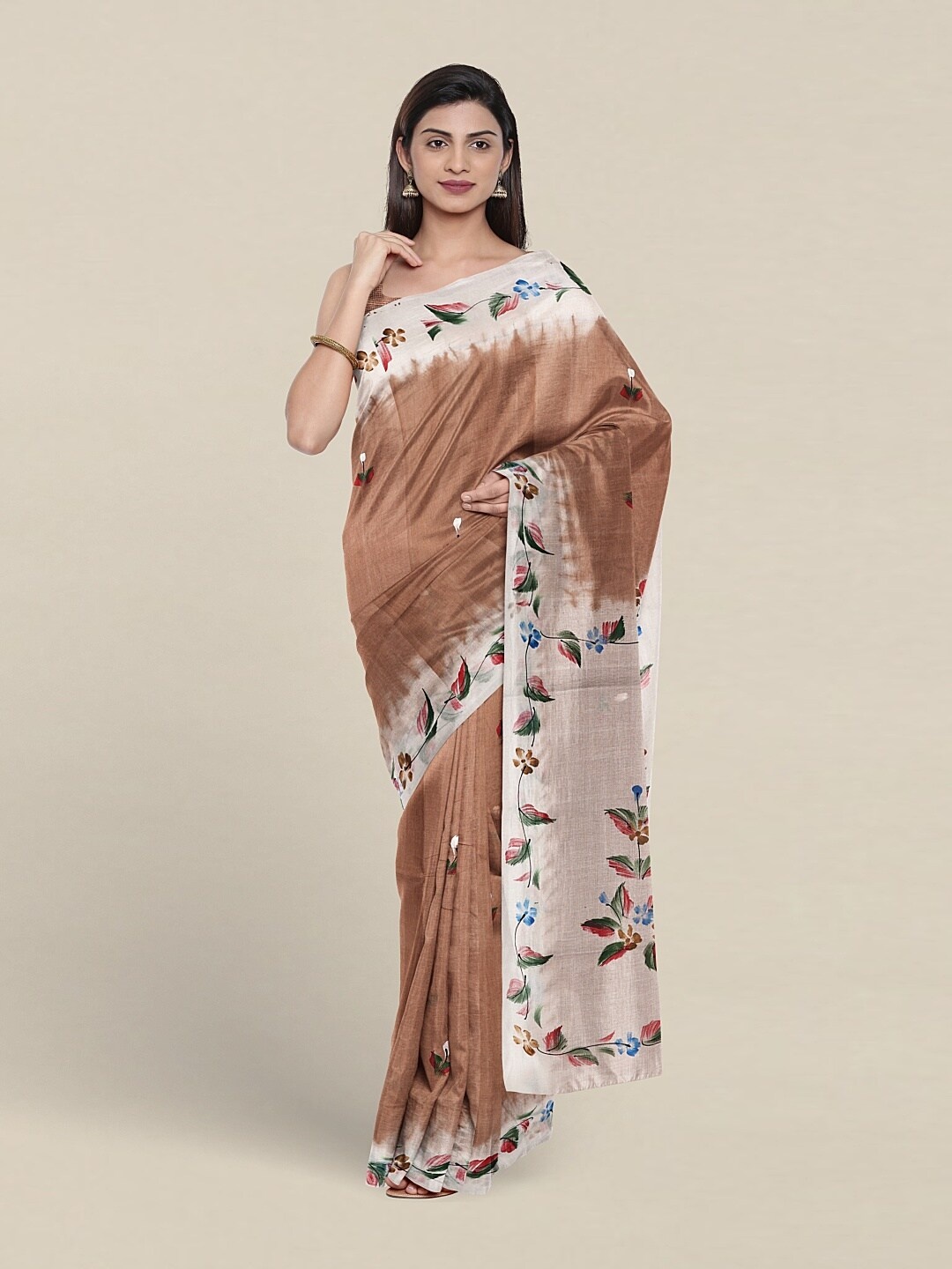 

Pothys Floral Motifs Printed Pure Cotton Saree, Beige