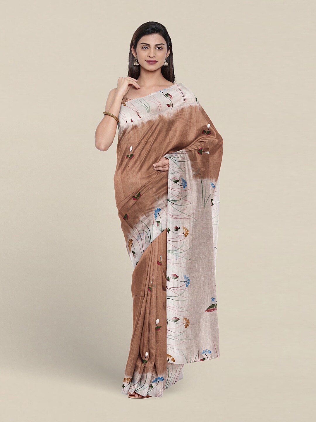 

Pothys Floral Motifs Printed Pure Cotton Saree, Brown