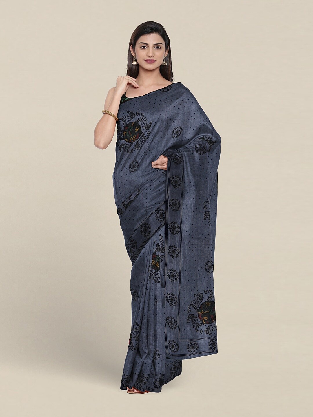 

Pothys Floral Printed Pure Cotton Saree, Navy blue