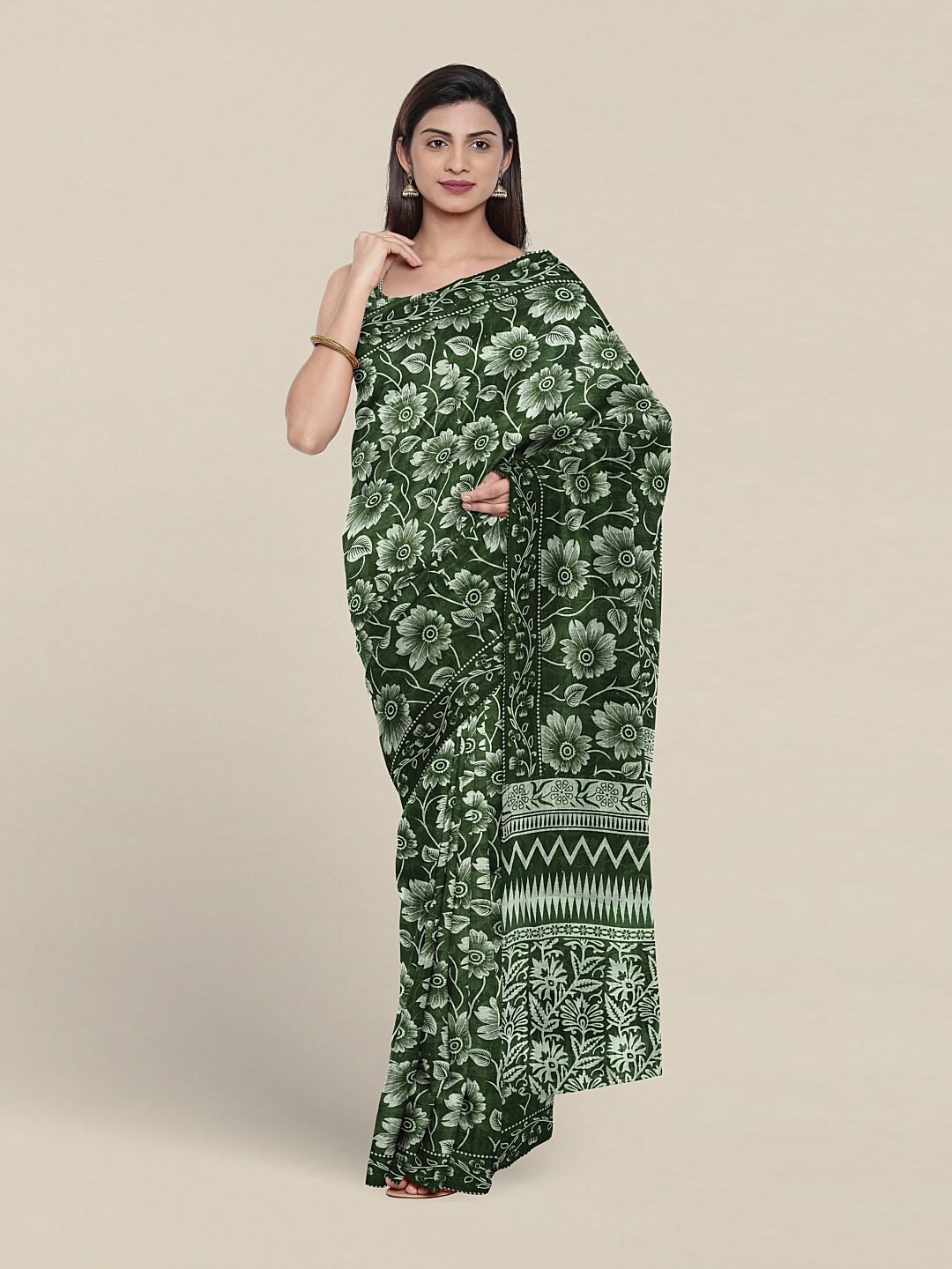 

Pothys Floral Motifs Printed Pure Cotton Saree, Green