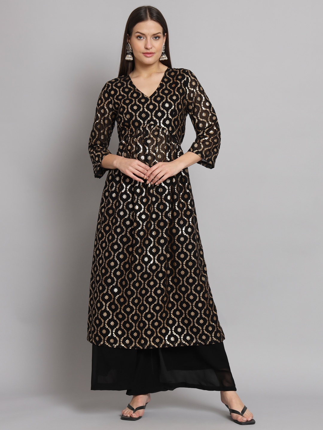 

Poshak Hub Ethnic Motifs Printed Regular Georgette Kurta With Sharara, Black