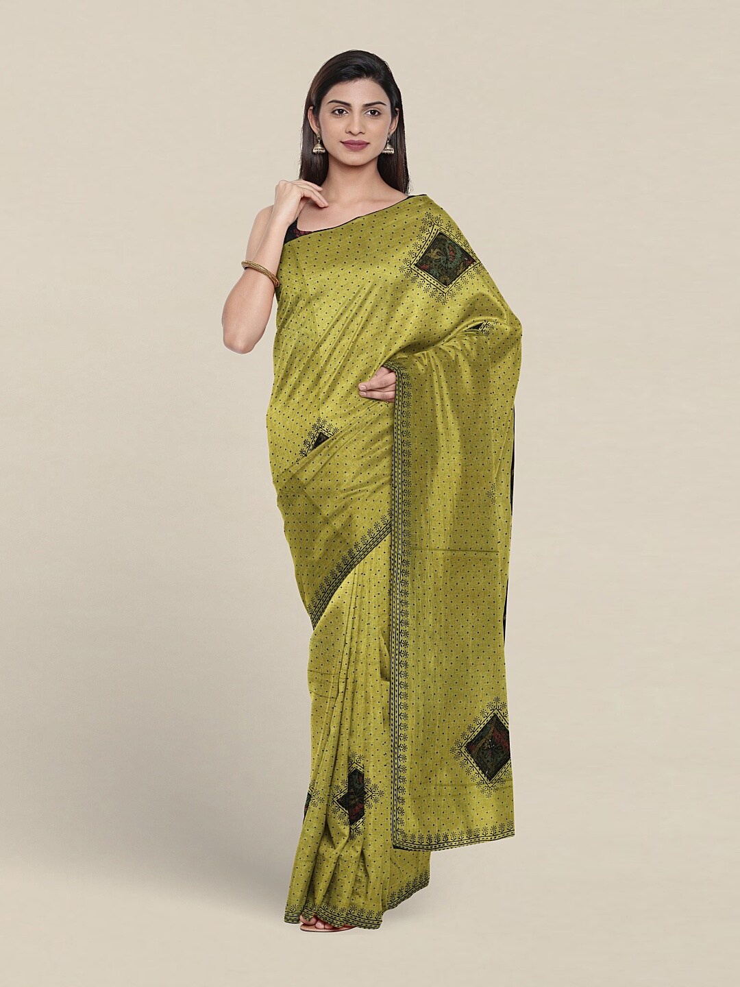 

Pothys Polka Dots Printed Pure Cotton Saree With Blouse Piece, Green