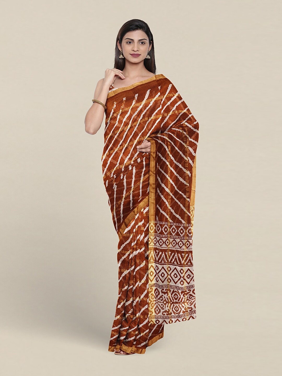 

Pothys Leheriya Printed Zari Border Detailed Pure Cotton Saree, Brown