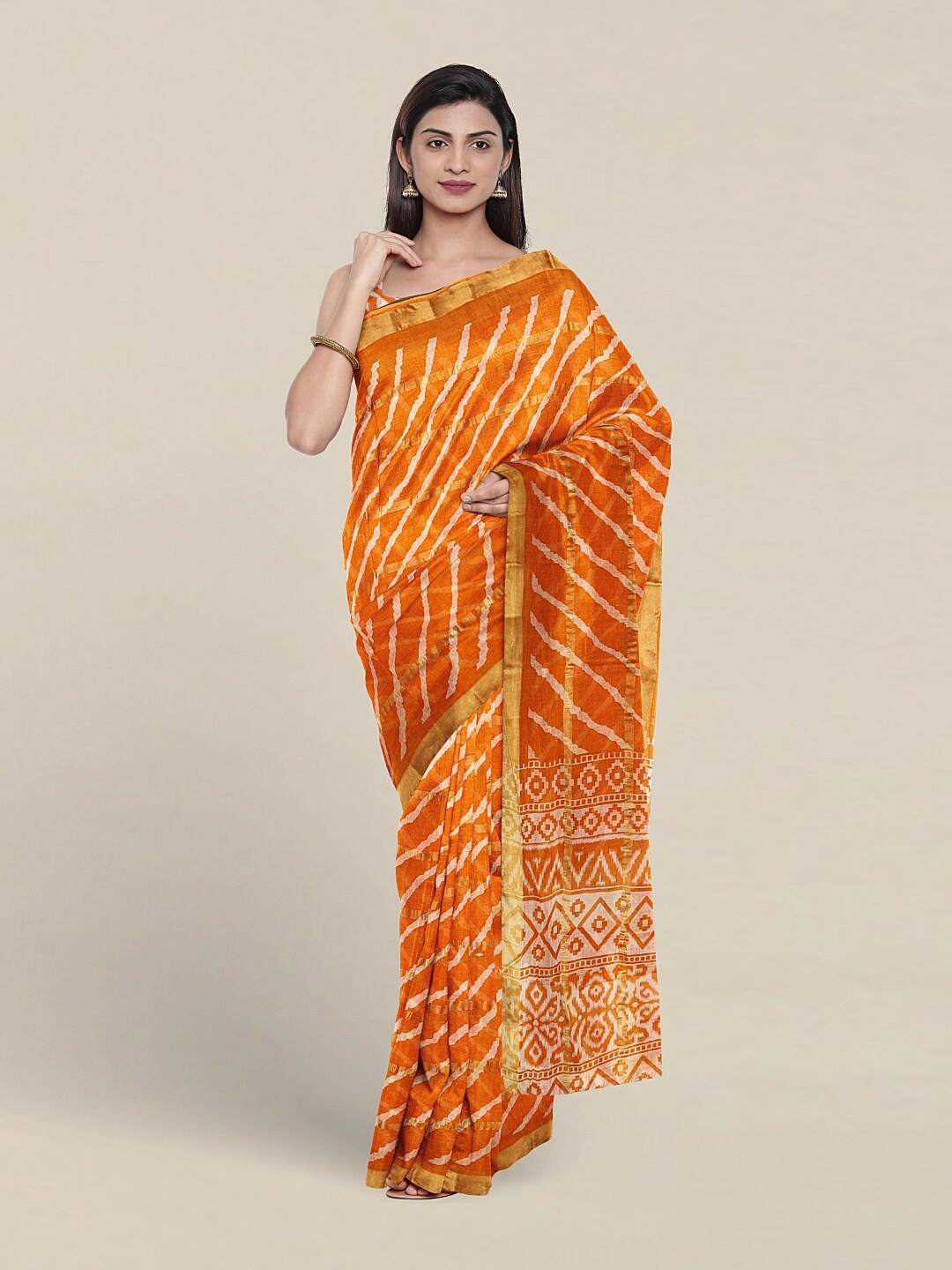 

Pothys Leheriya Printed Zari Pure Cotton Saree, Orange