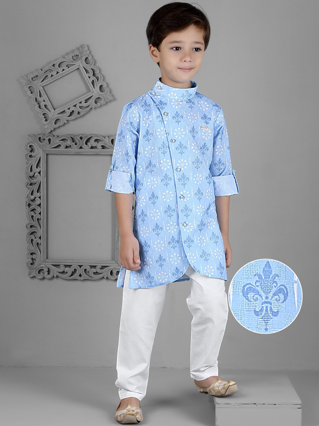 

KIDS FARM Boys Ethnic Motifs Printed Mandarin Collar Kurta with Pyjamas, Blue