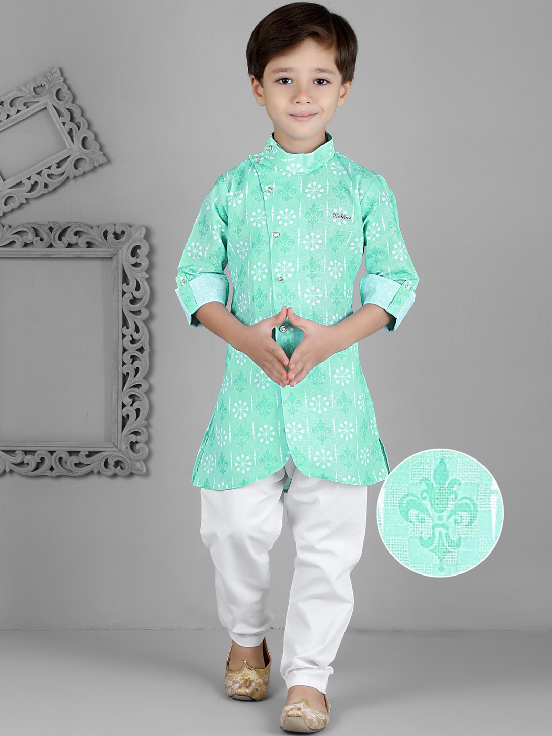 

KIDS FARM Boys Ethnic Motifs Printed Mandarin Collar Kurta with Pyjamas, Green