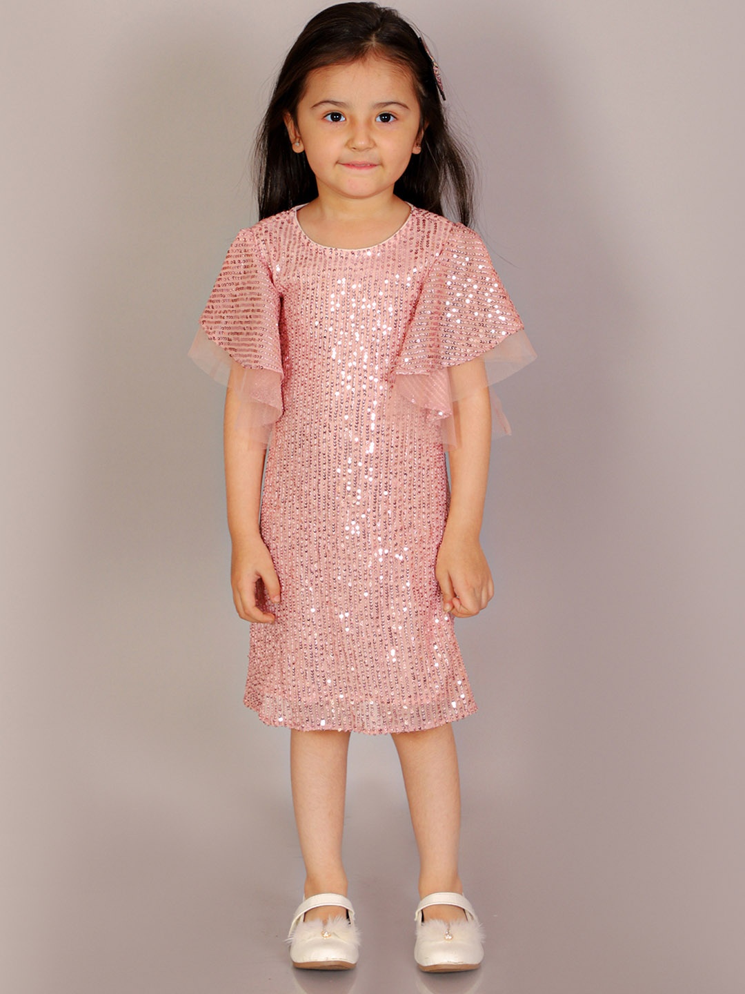 

LIL DRAMA Girls Sequin Embellished Flared Sleeve A-Line Dress, Peach