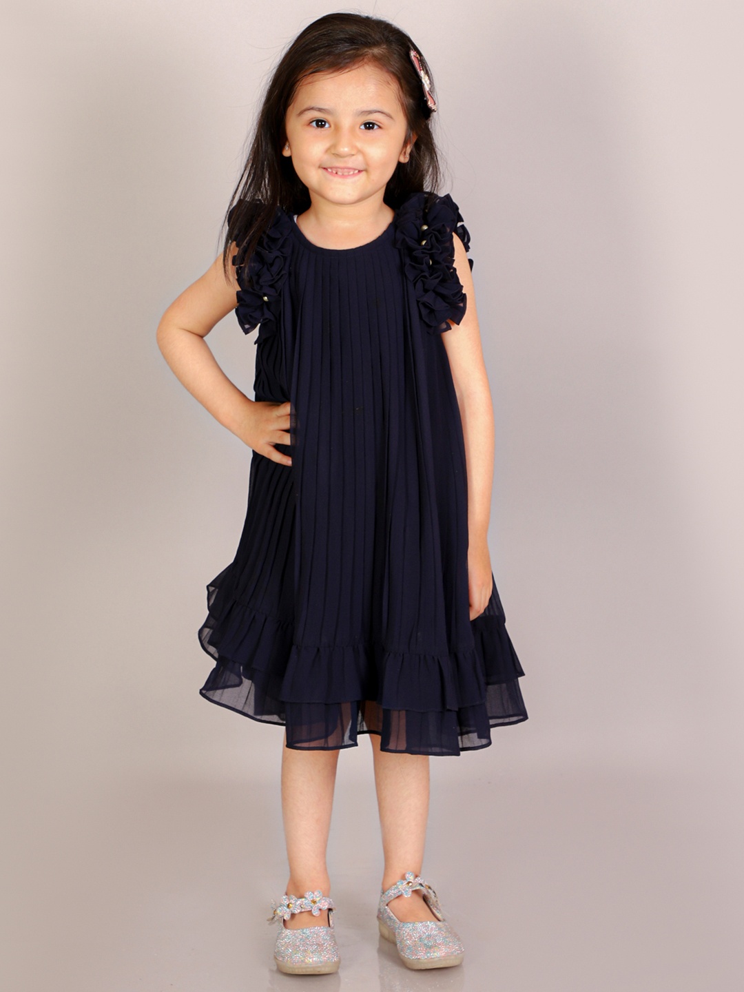 

LIL DRAMA Girls Ruffled Detail Accordion Pleats A-Line Dress, Navy blue