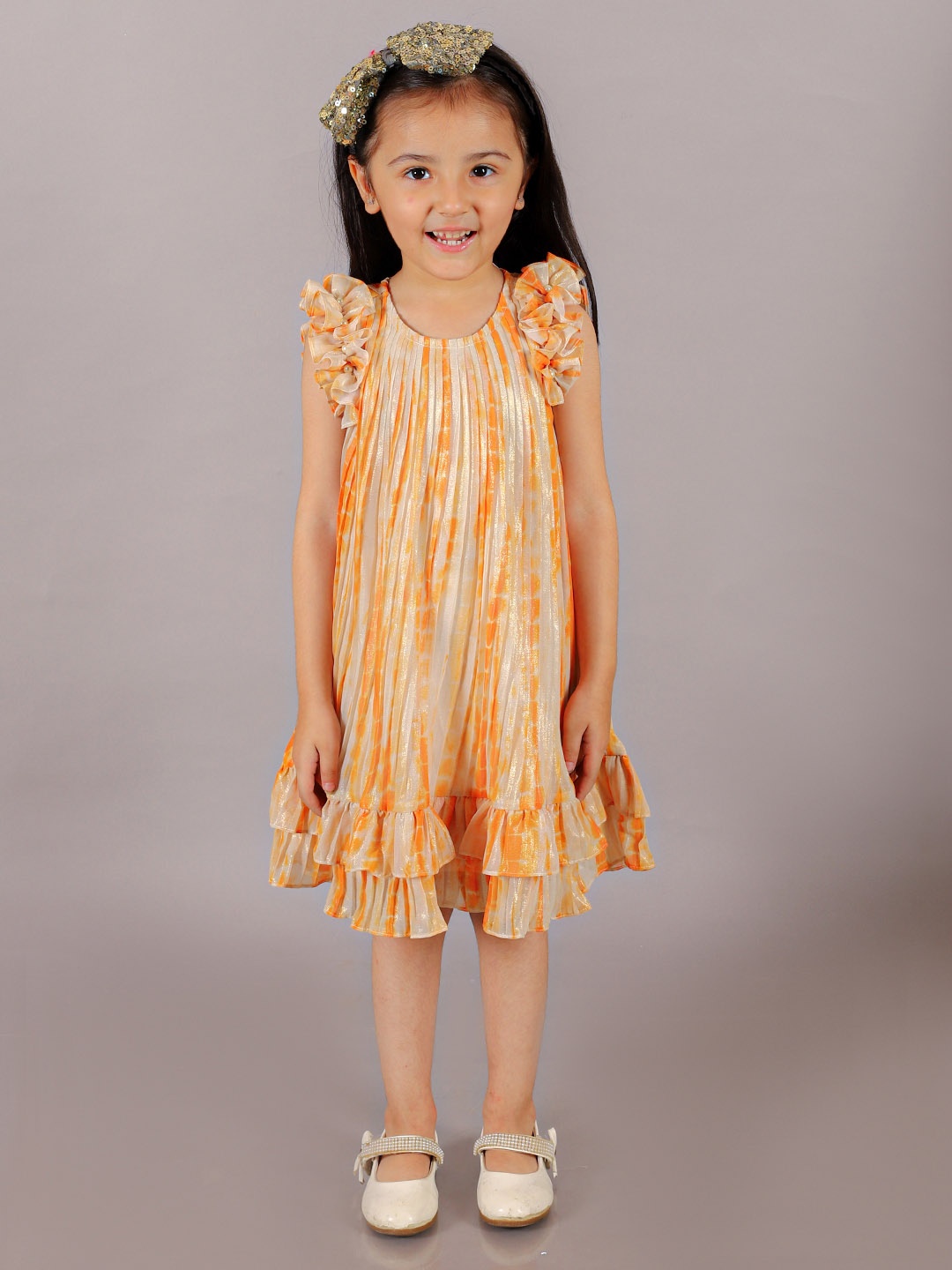 

LIL DRAMA Girls Abstract Printed Ruffles Accordion Pleats A-Line Dress, Orange