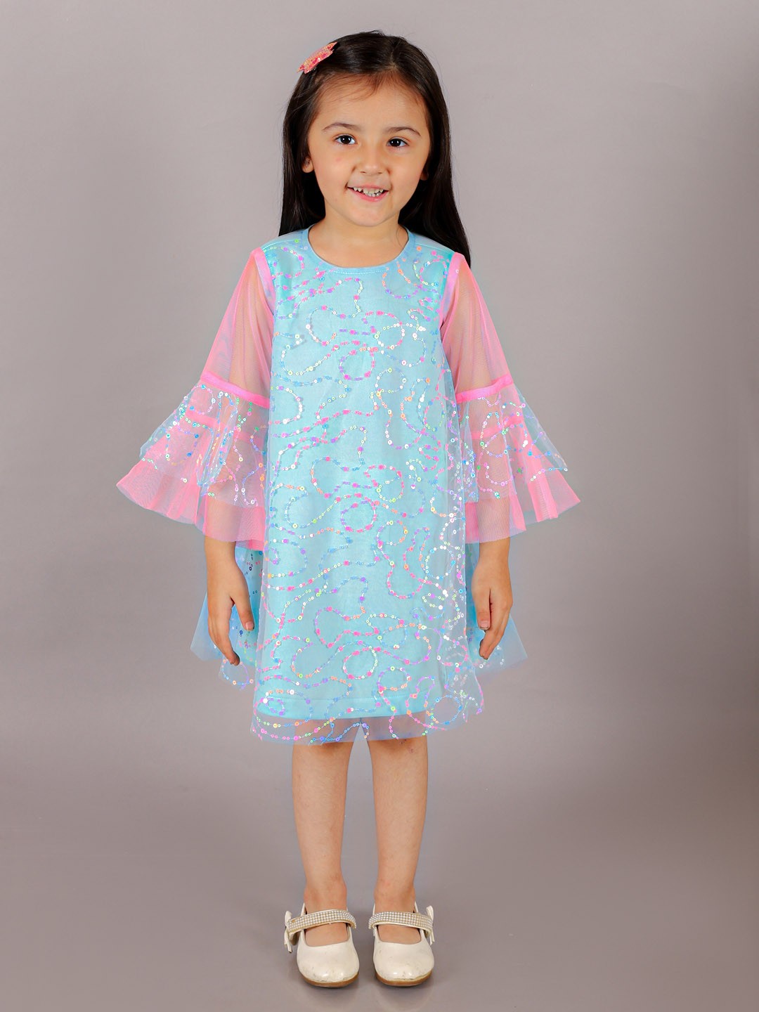 

LIL DRAMA Girls Sequin Embellished Bell Sleeve A-Line Dress, Blue