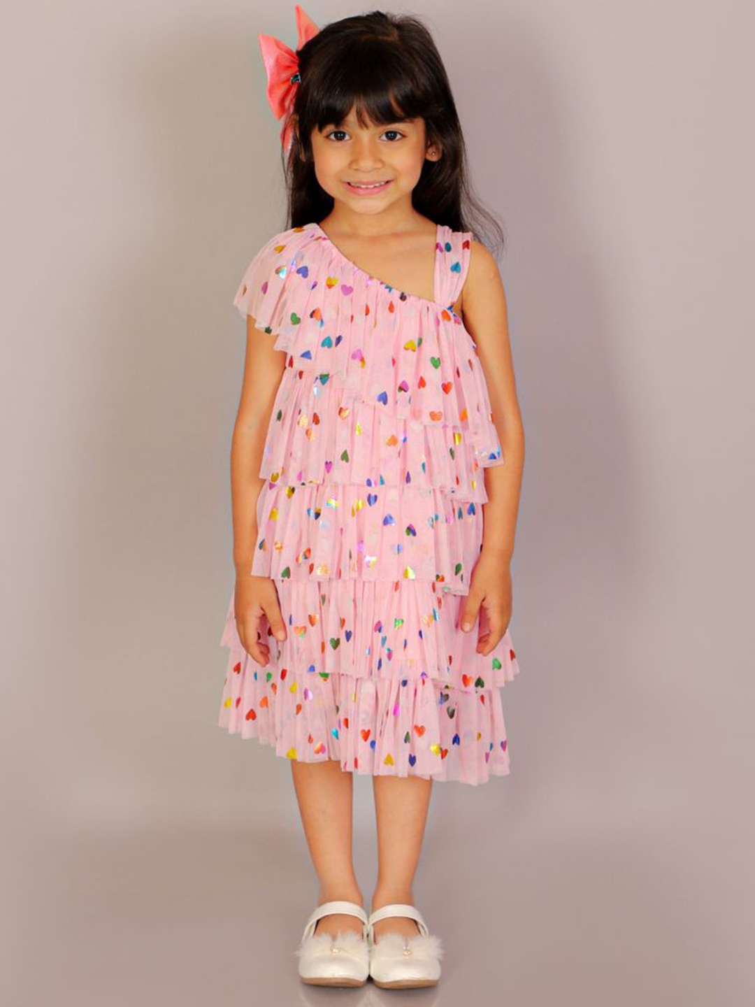 

LIL DRAMA Conversational Printed Puff Sleeves Fit & Flare Dress, Pink