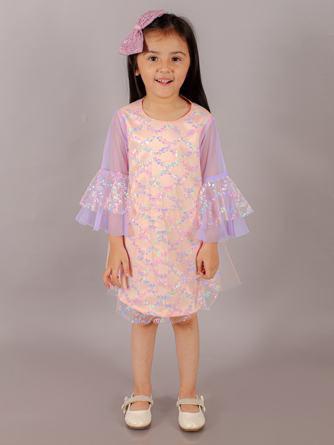 

LIL DRAMA Sequinned Bell Sleeves A-Line Dress, Peach