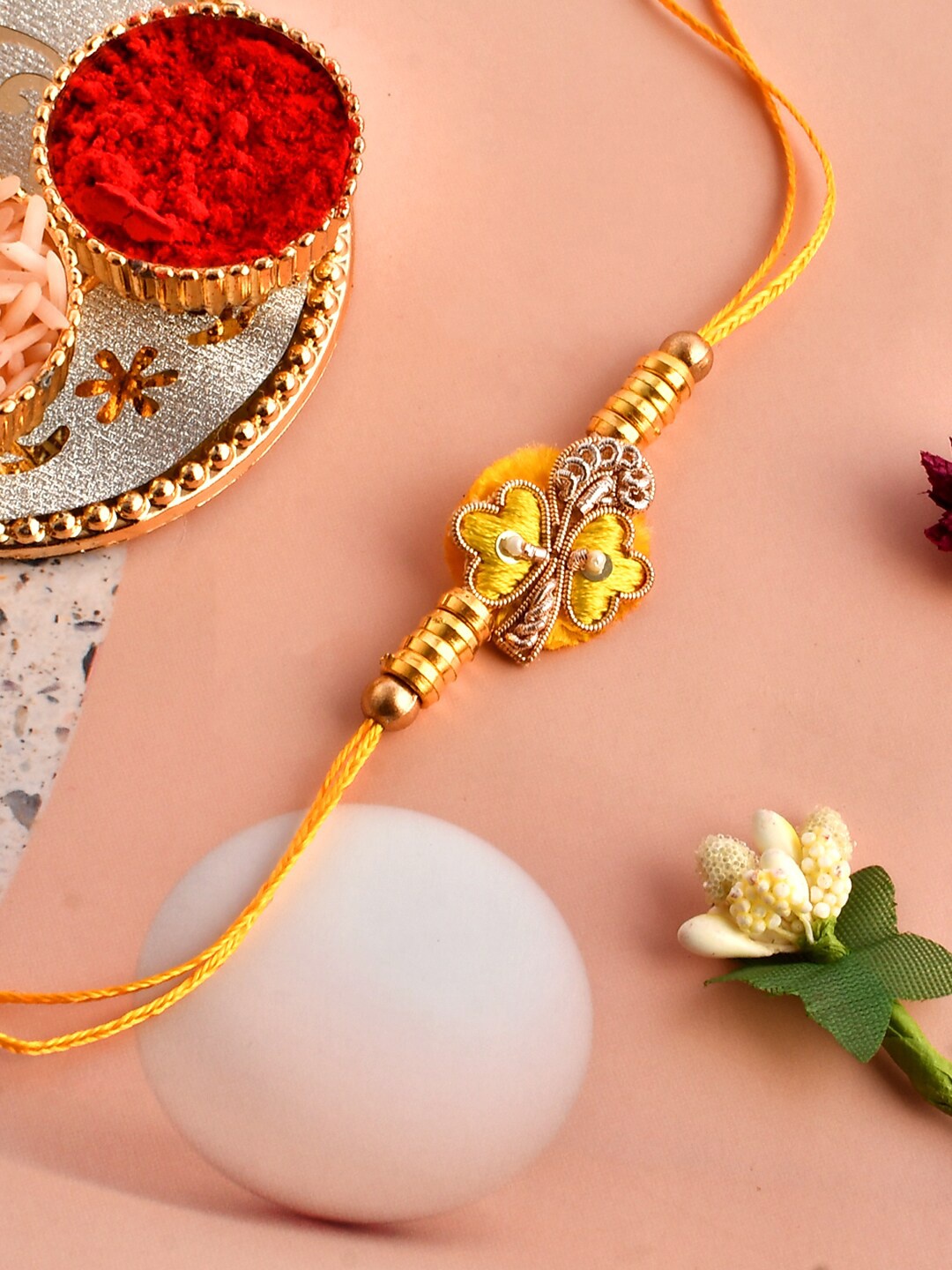 

Aapno Rajasthan Unisex Sequin & Zardosi Patchwork Rakhi, Yellow