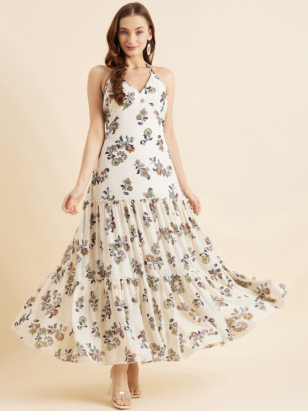 

PANIT White Floral Printed Georgette Maxi Dress