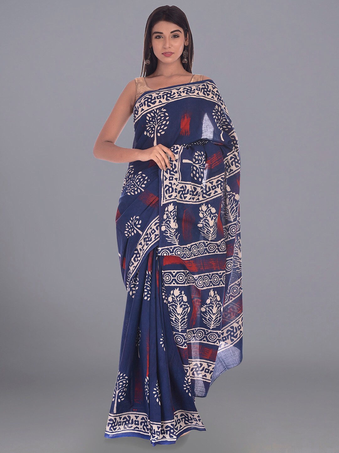 

HANDICRAFT PALACE Floral Printed Pure Cotton Dabu Saree, Blue