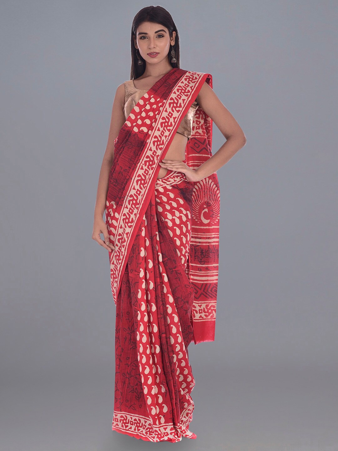 

HANDICRAFT PALACE Ethnic Motifs Printed Pure Cotton Dabu Saree, Red
