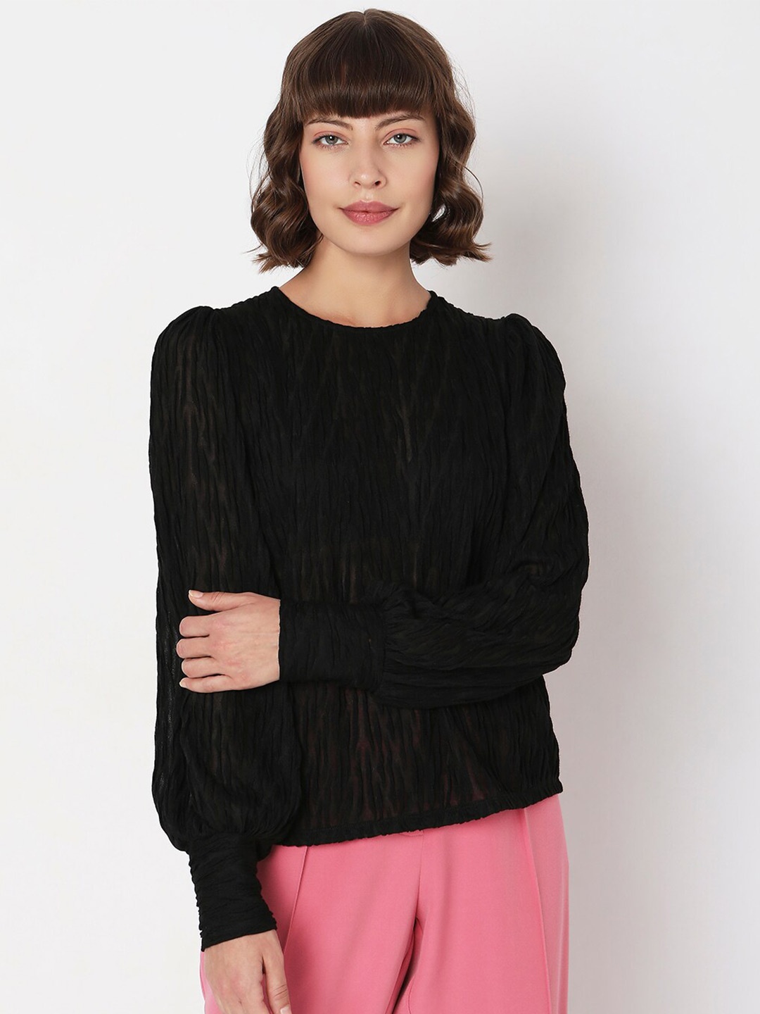 

Vero Moda Self Designed Puff Sleeves Top, Black