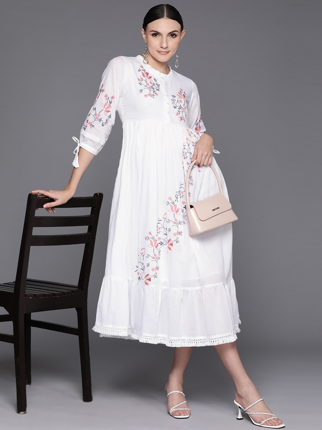 

Indo Era Floral Embroidered Puff Sleeve A-Line Midi Dress, White