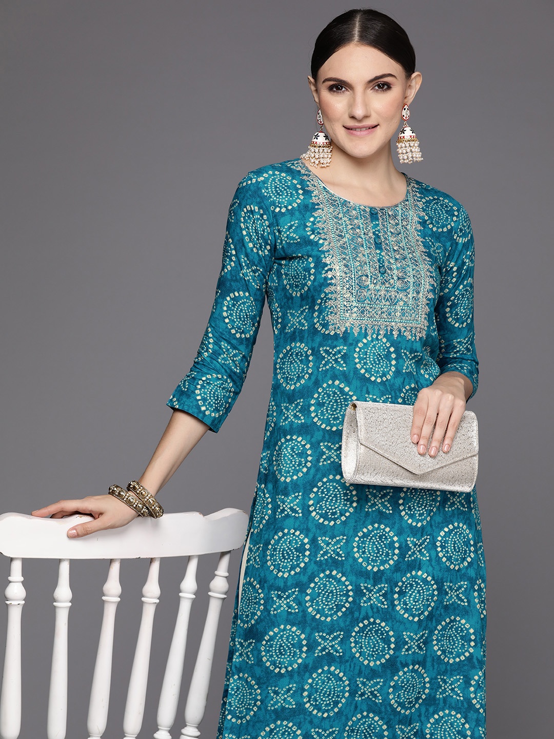 

Indo Era Women Bandhani Embroidered Sequinned Indie Prints Kurta, Teal