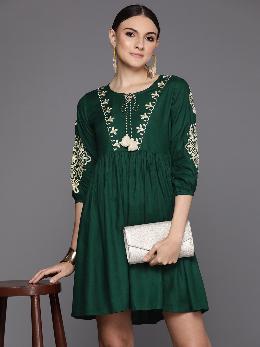 

Indo Era Floral Embroidered Tie-Up Neck Puff Sleeve A-Line Dress, Green