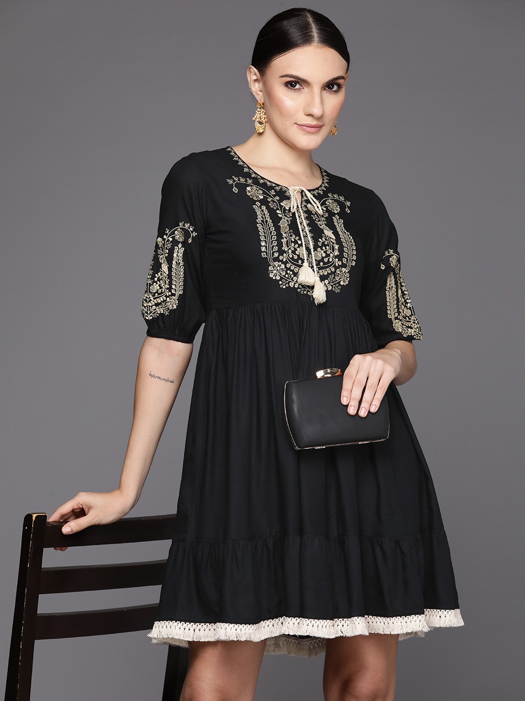 

Indo Era Embroidered Tie-Up Neck Puff Sleeve A-Line Dress, Black