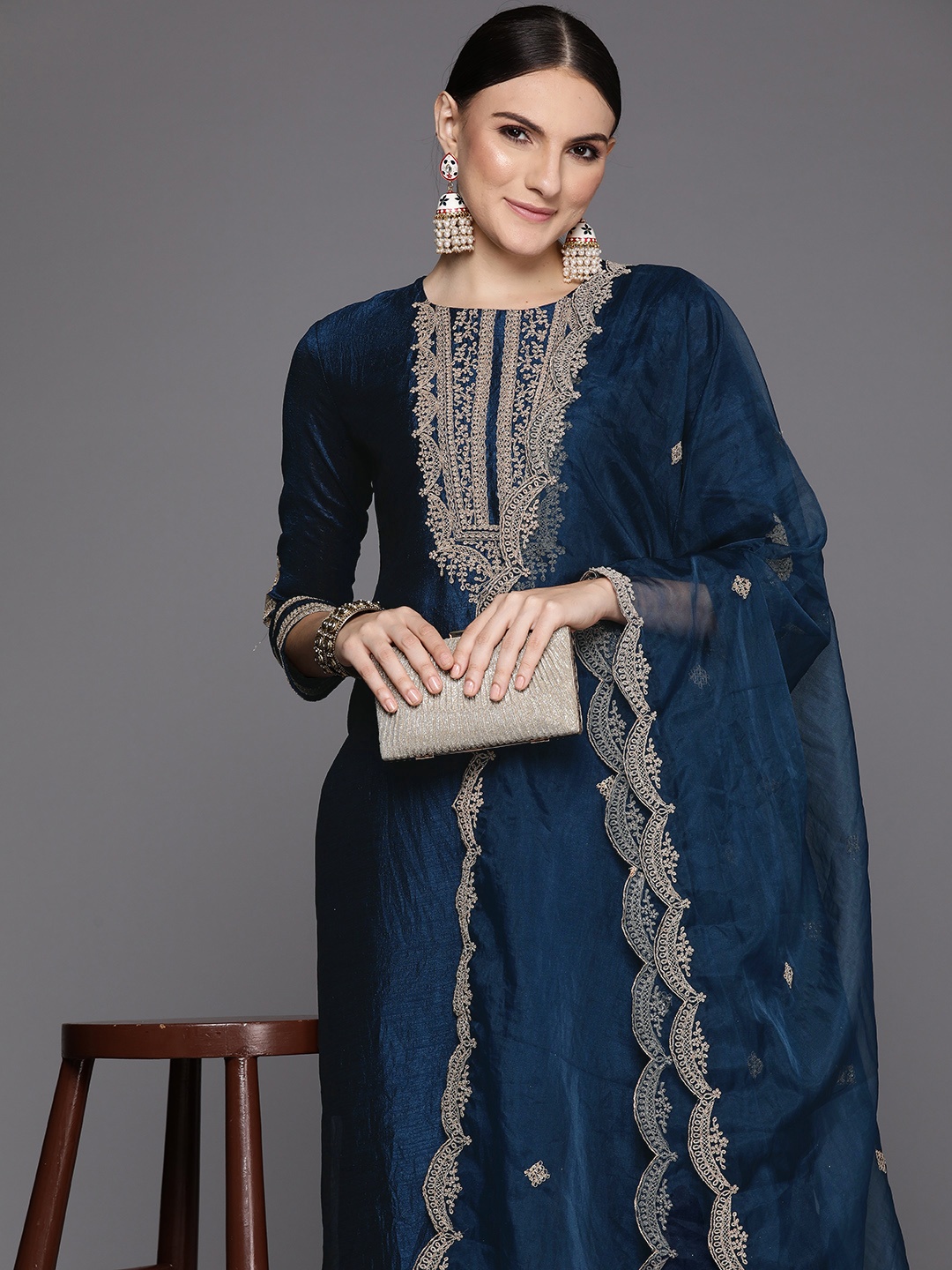 

Indo Era Women Floral Yoke Design Regular Sequinned Kurta with Trousers & Dupatta, Navy blue