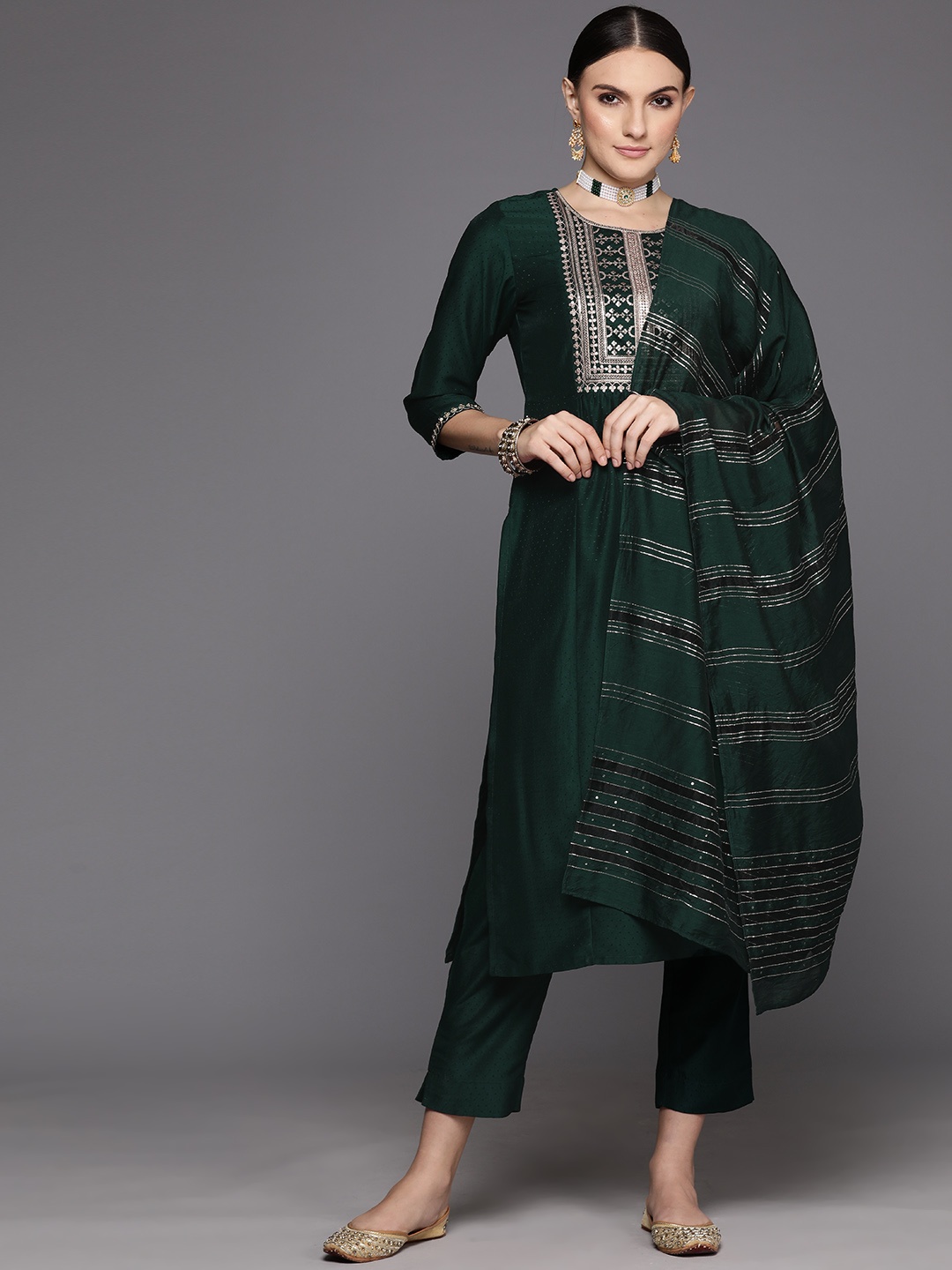 

Indo Era Women Yoke Design Regular Sequinned Kurta with Trousers & Dupatta, Green