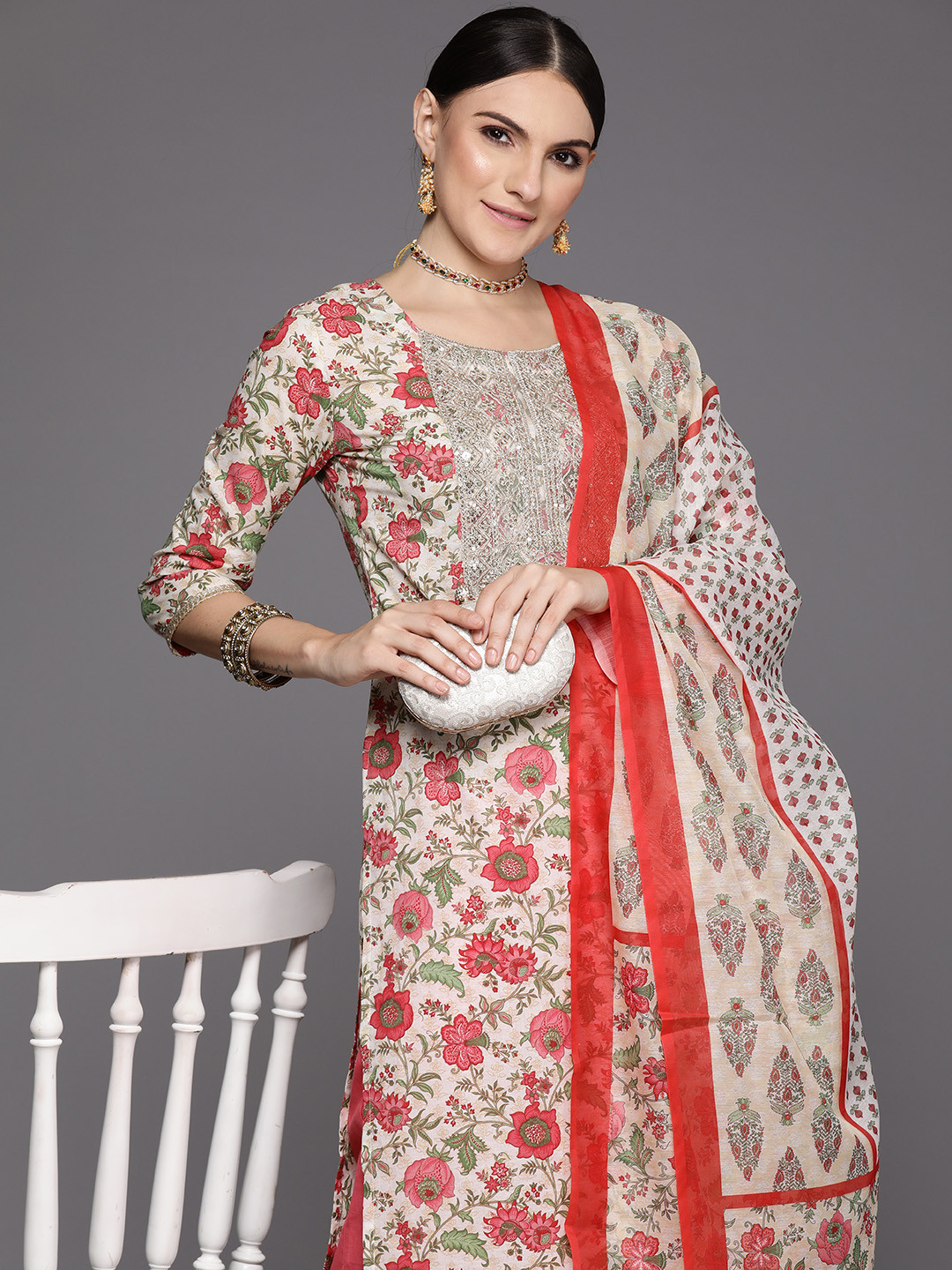 

Indo Era Women Floral Printed Regular Sequinned Pure Cotton Kurta with Palazzos & Dupatta, Beige