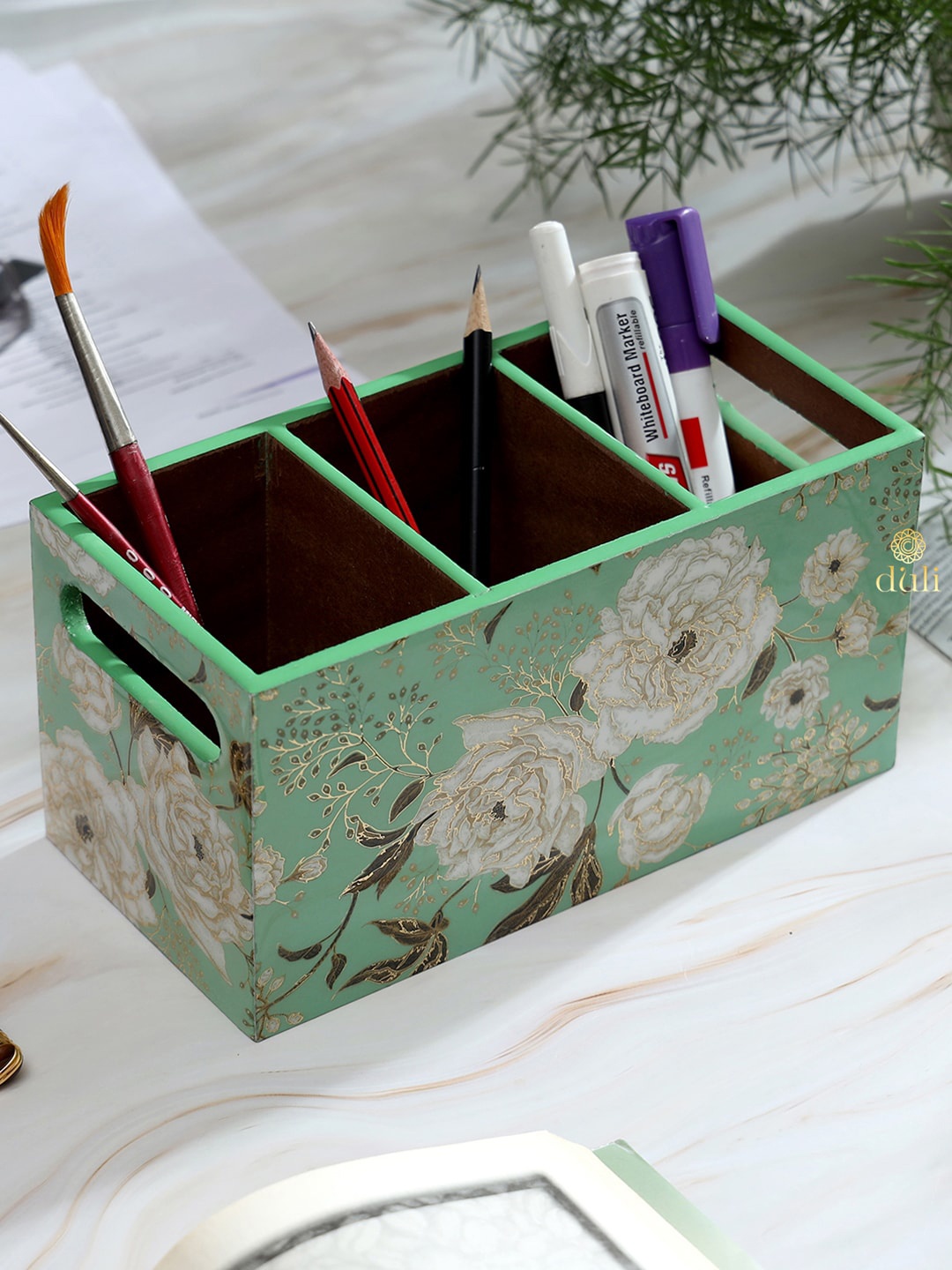 

DULI Green 3-Compartment Pen & Cutlery Holder