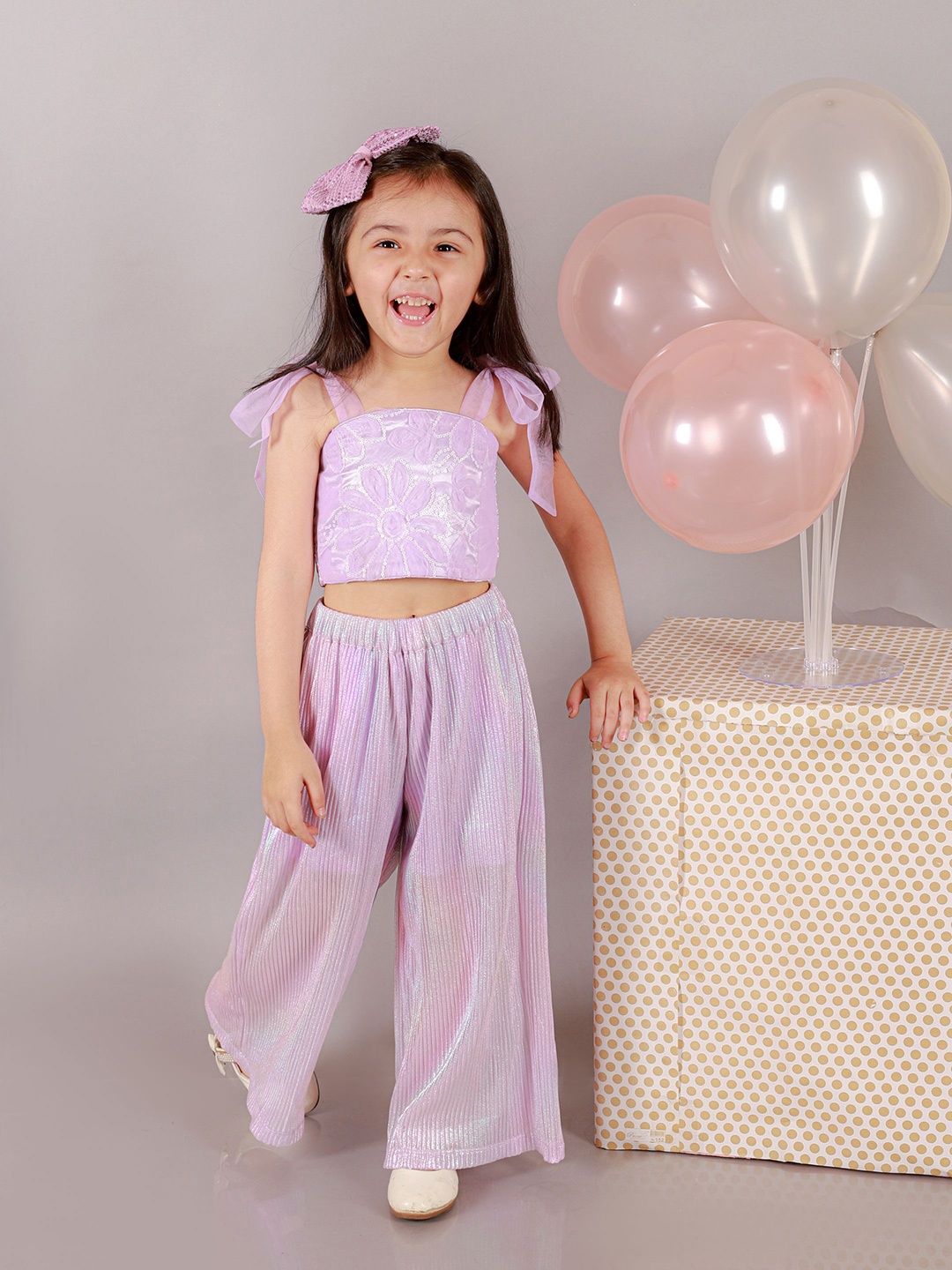 

LIL DRAMA Girls Self Design Top With Trousers, Lavender