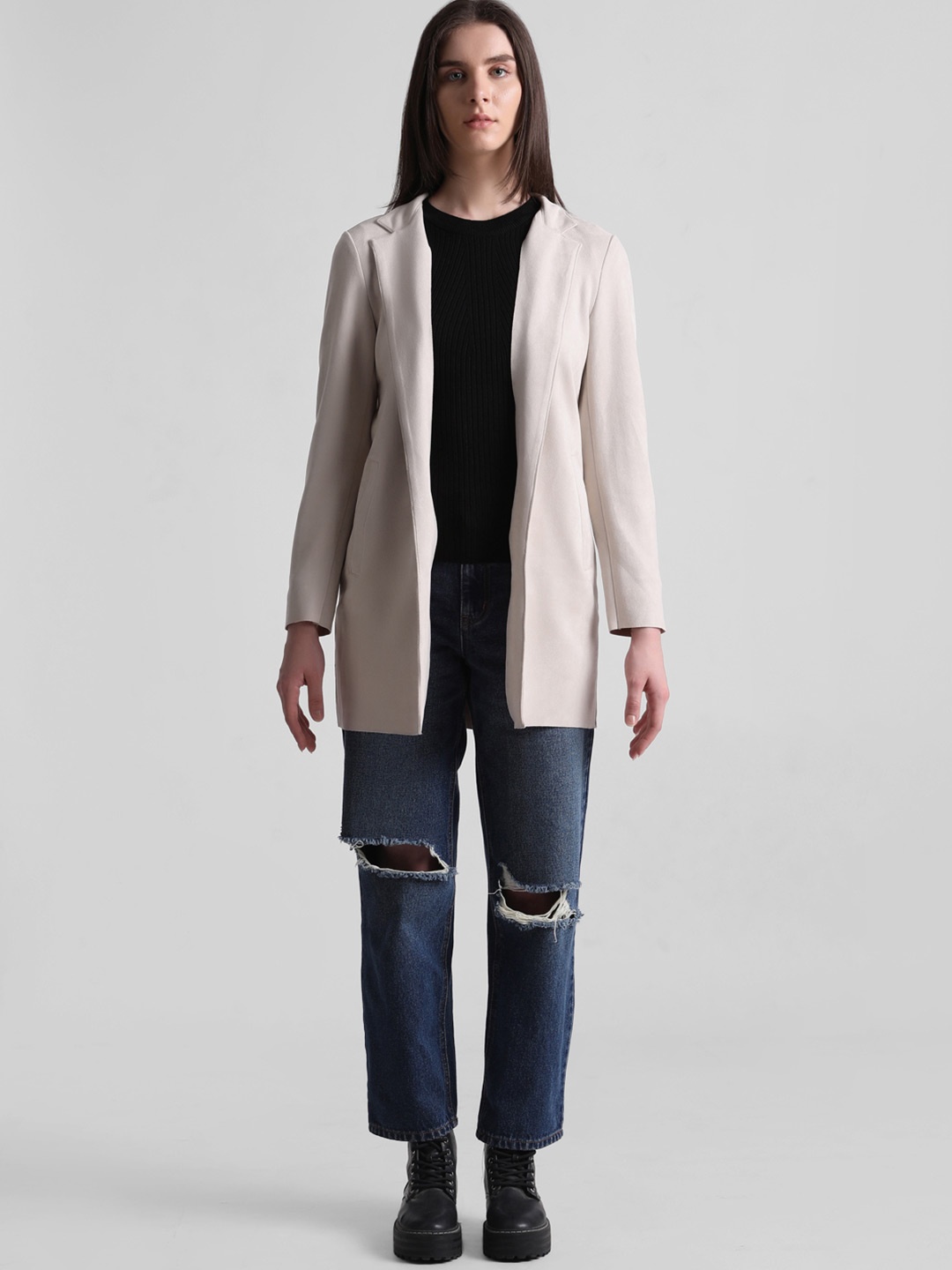 

ONLY Notched Lapel Hip- Length Front-Open Overcoat, Beige