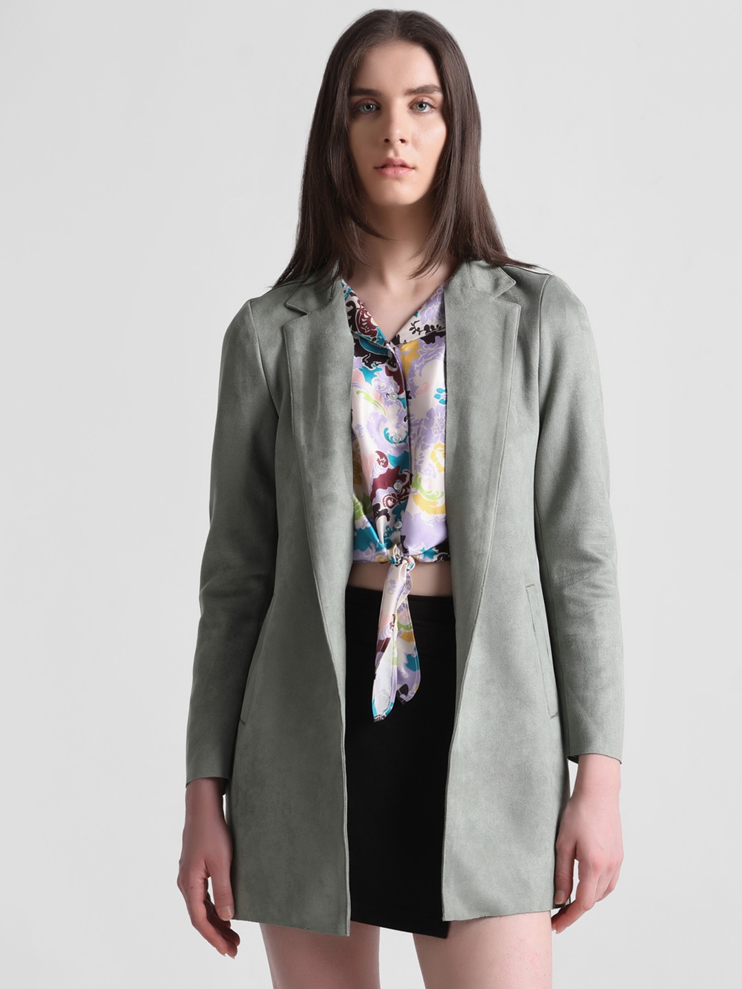 

ONLY Notched Lapel Hip- Length Front-Open Overcoat, Grey