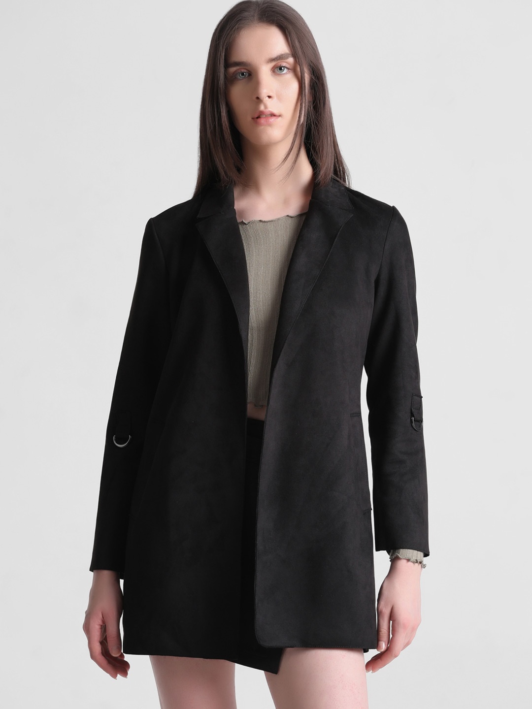 

ONLY Notched Lapel Hip- Length Front-Open Overcoat, Black