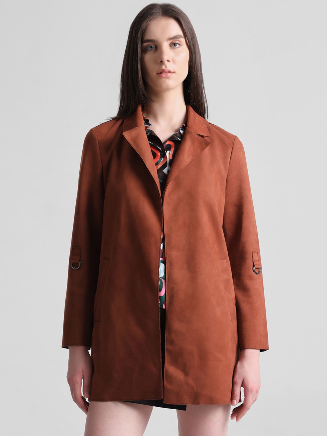 

ONLY Notched Lapel Hip- Length Front-Open Overcoat, Brown
