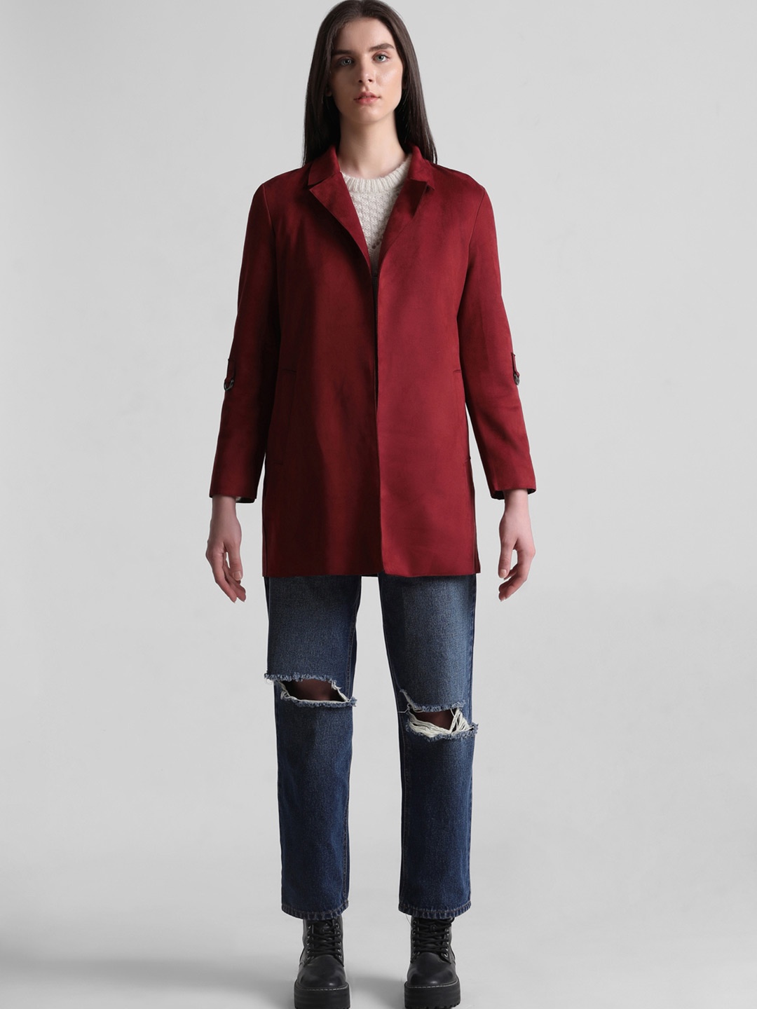 

ONLY Notched Lapel Hip- Length Front-Open Overcoat, Red