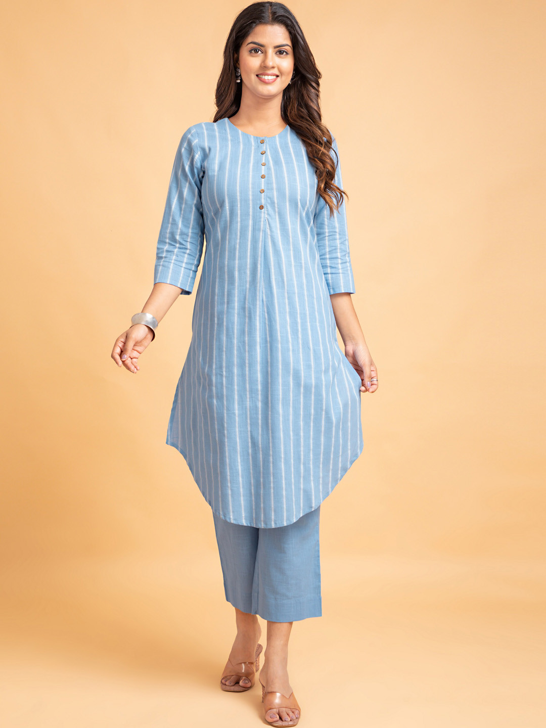 

SUTI Striped Printed A-Line Pure Cotton Co-Ord Set, Blue