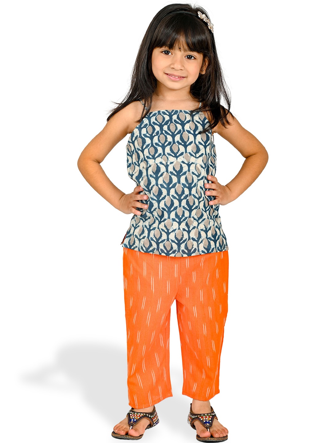 

Tiny Bunnies Girls Printed Pure Cotton Top with Trousers, Orange