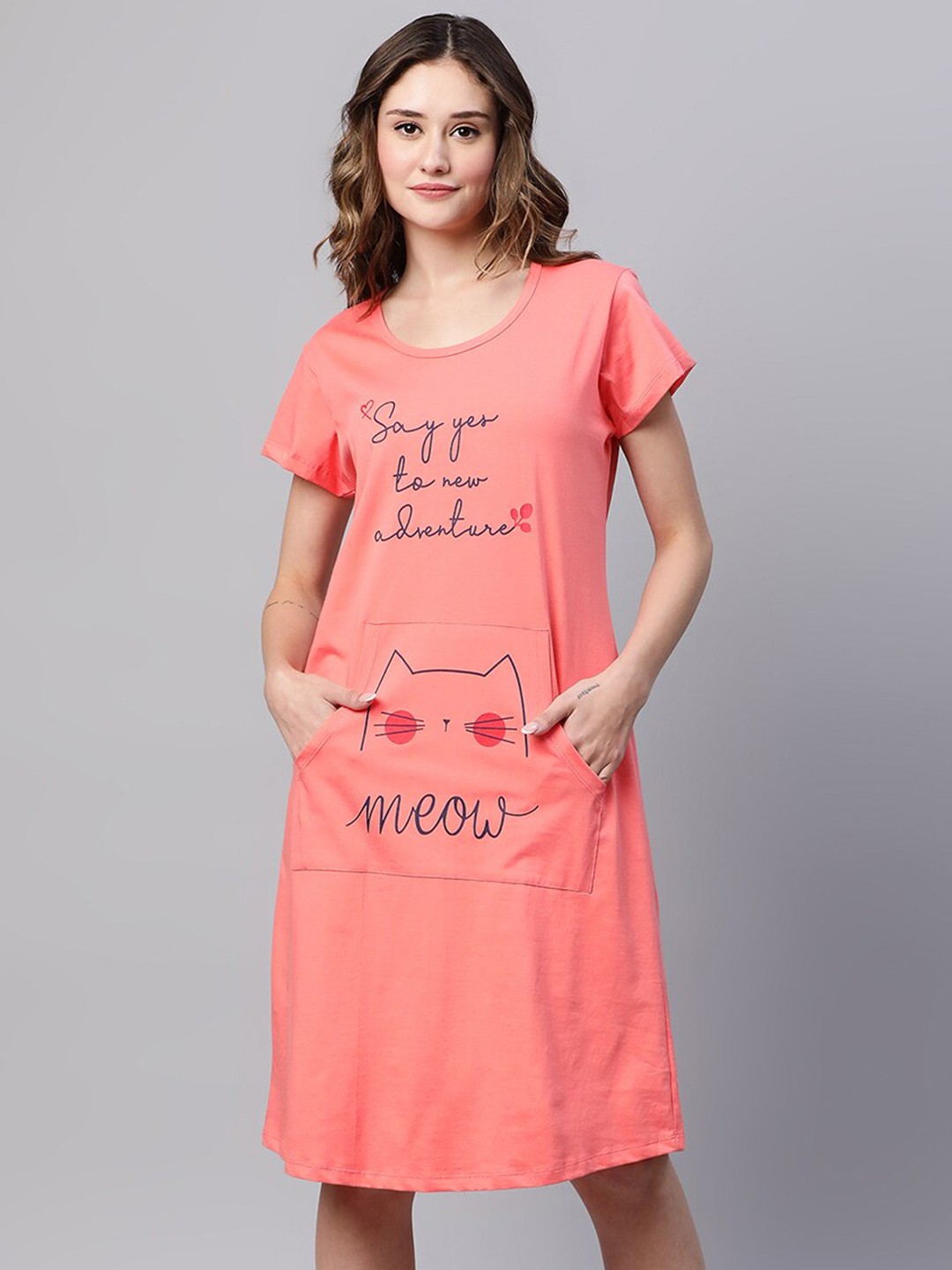 

AV2 Typography Printed Pure Cotton Nightdress, Orange