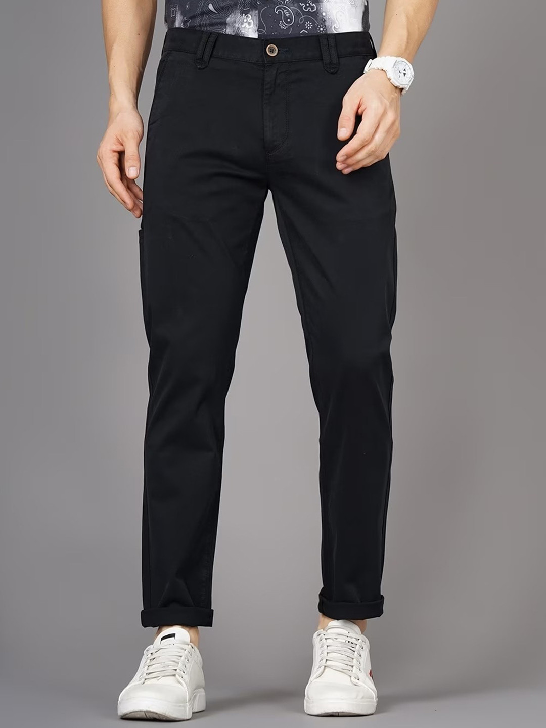 

British Club Men Smart Slim Fit Low-Rise Chinos Trousers, Black