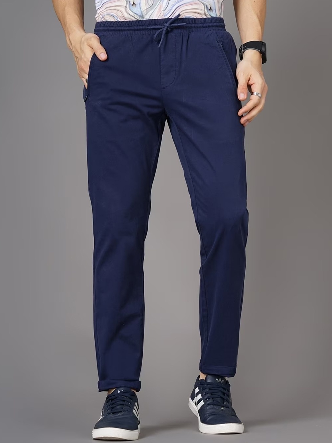 

British Club Mens Smart Regular Fit Low-Rise Cotton Chinos Trousers, Navy blue