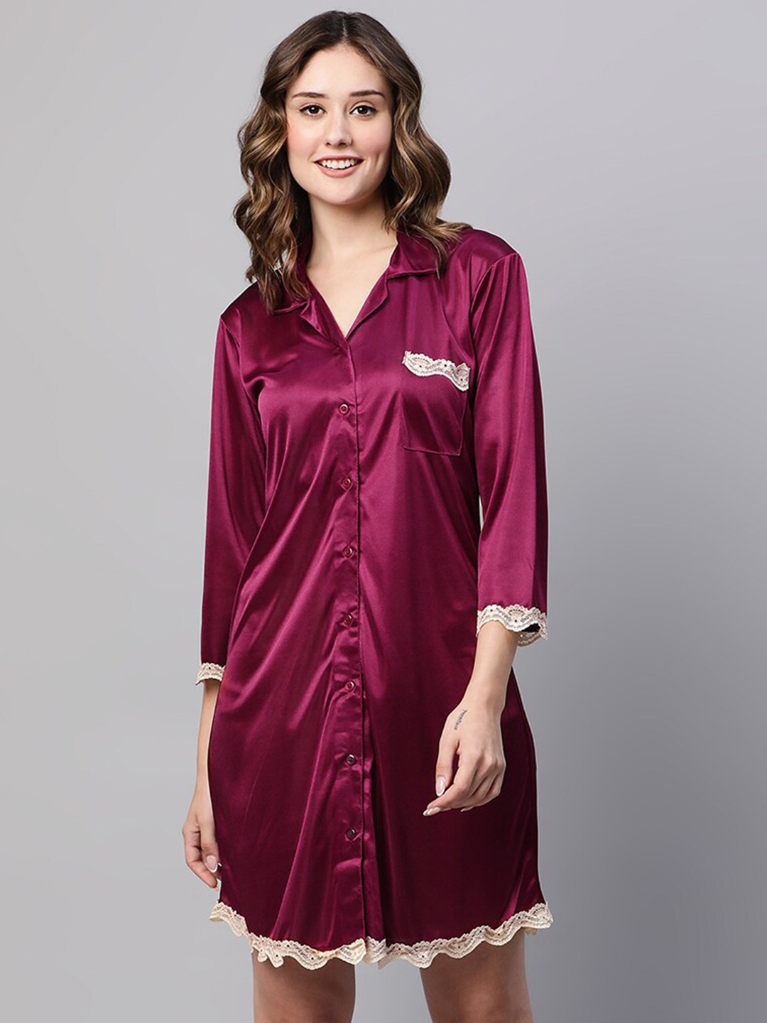 

AV2 Lapel Collar Full Sleeve Satin Nightdress, Maroon