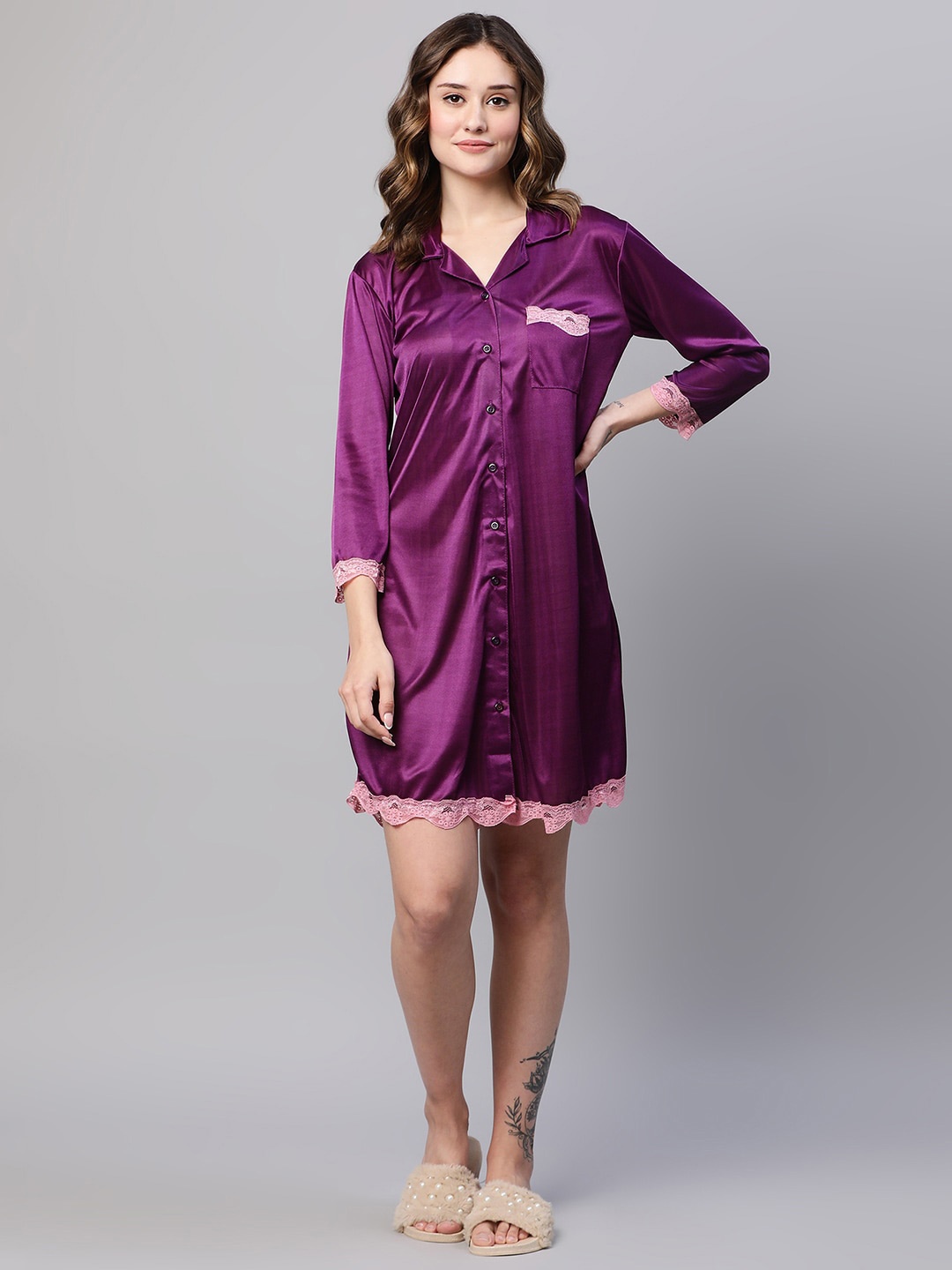 

AV2 Lapel Collar Full Sleeve Satin Nightdress, Purple