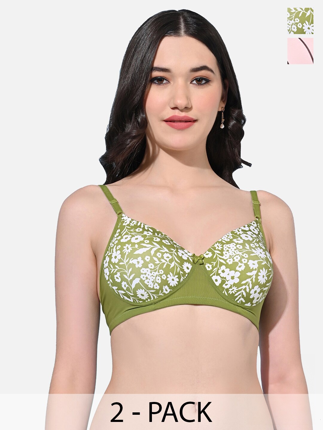 

FIMS Pack Of 2 Floral Full Coverage Lightly Padded Bras With All Day Comfort, Green