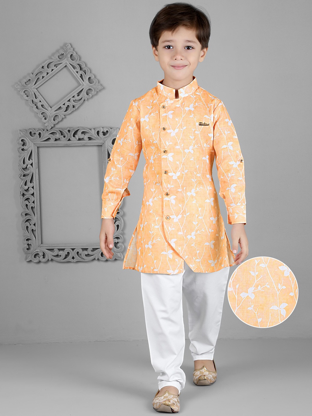 

KIDS FARM Boys Floral Printed Cotton Linen Kurta With Churidar, Orange