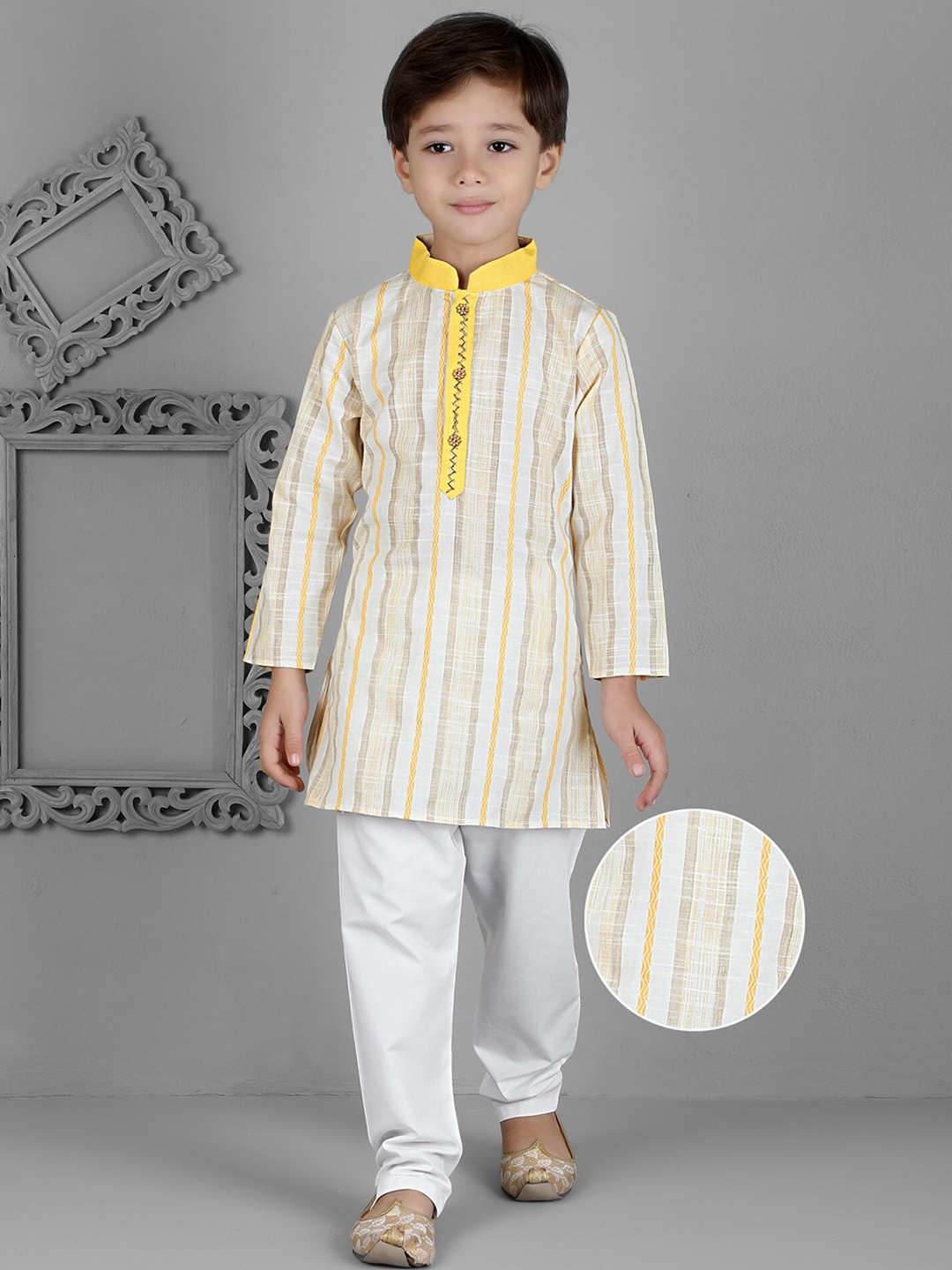 

KIDS FARM Boys Striped Pure Linen Kurta with Pyjama, Yellow
