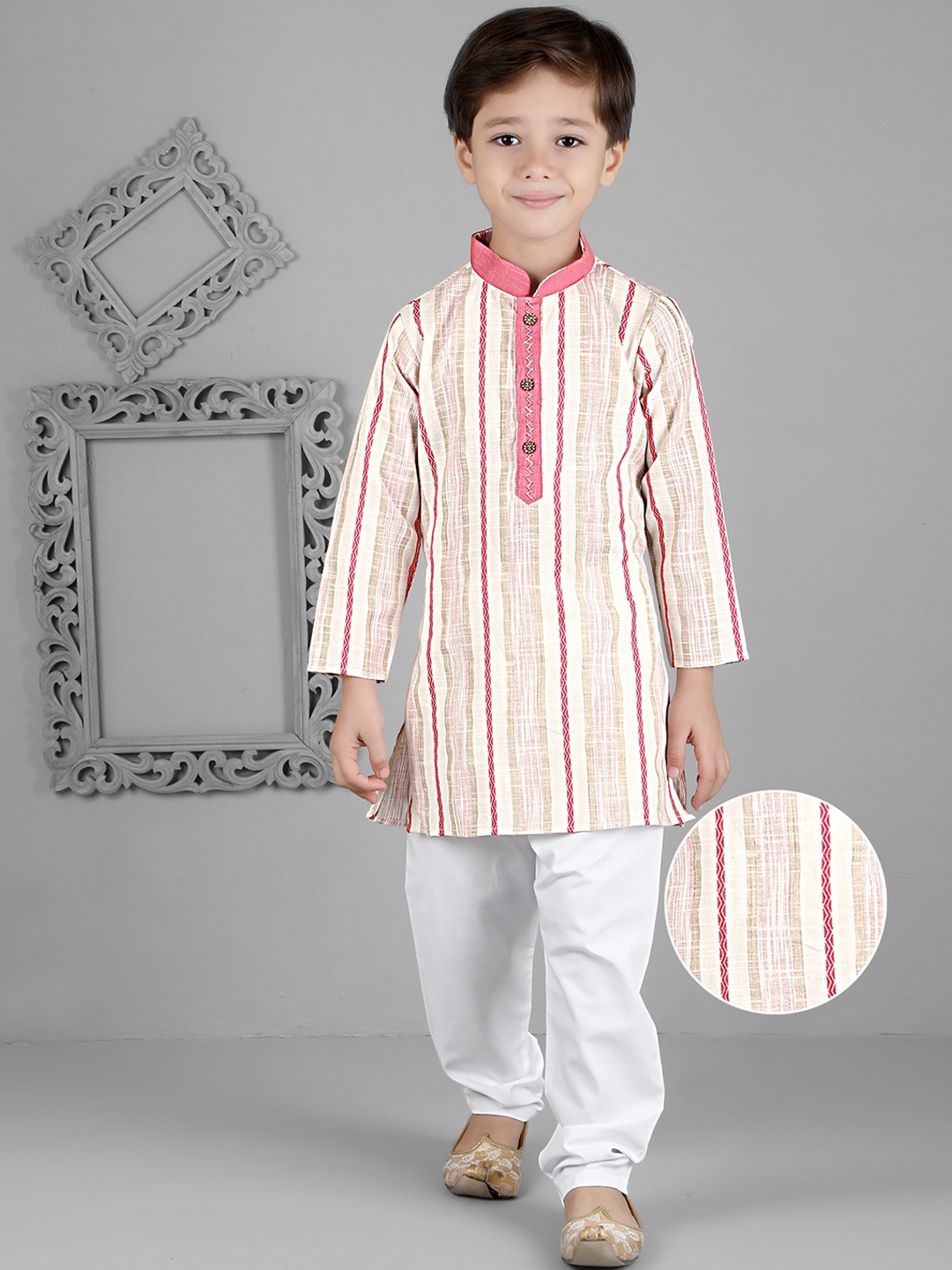 

KIDS FARM Boys Striped Cotton Linen Kurta With Churidar, Pink