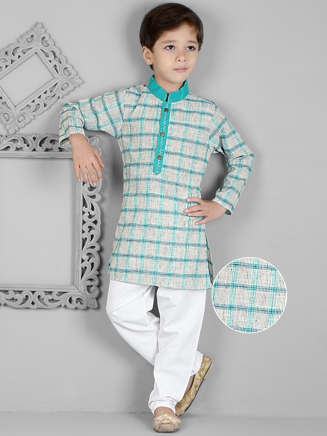 

KIDS FARM Boys Checked Cotton Linen Kurta With Churidar, Blue