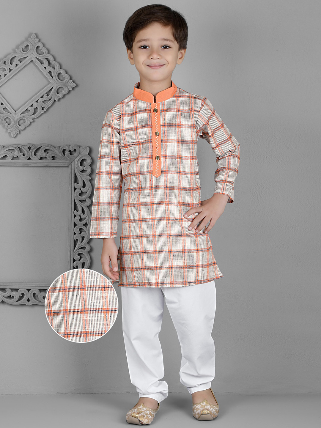 

KIDS FARM Boys Checked Cotton Linen Kurta With Churidar, Orange